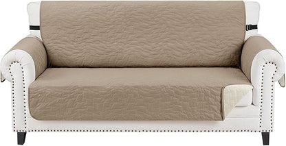 CUCRAF Non Slip Quilted Sofa Cover, Water Resistant Slipcover Furniture Protector for 2 Cushion Sofa Pet Friendly, Washable Couch Cover with Adjustable Elastic Straps (Medium-XL Loveseat, Light Khaki)