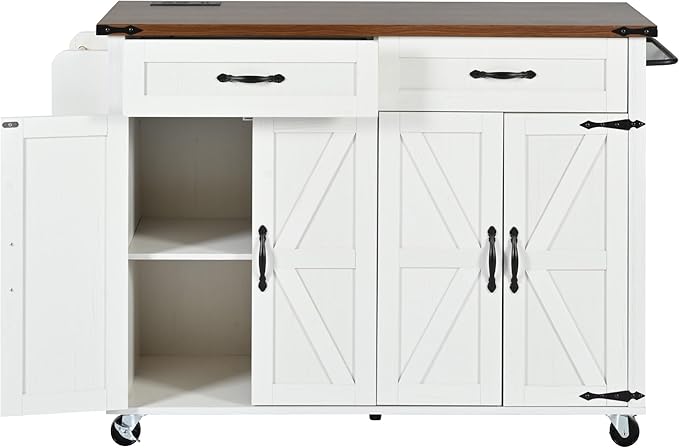 53.5''Farmhouse Kitchen Island with Power Outlet,Storage Cart W/Drop Leaf/Spice Rack/Drawer,Rolling KitchenCart on Wheels,for Home,Dining Room,White