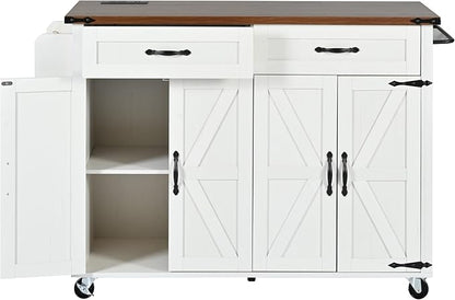 53.5''Farmhouse Kitchen Island with Power Outlet,Storage Cart W/Drop Leaf/Spice Rack/Drawer,Rolling KitchenCart on Wheels,for Home,Dining Room,White