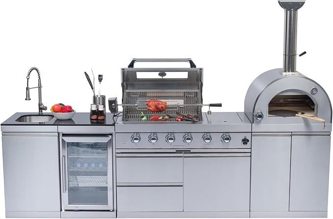 112-Inch 108000 BTU Stainless Steel Propane Gas BBQ Grill Modular Outdoor Kitchen Island,485Sq.In Cooking Area,with Standalone Side Burner Pizza Oven,Rotisserie,Refrigerator,Silver