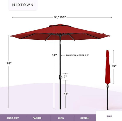 Midtown Umbrellas – The Lean 9 Ft Patio Umbrella with 10-Year-No-Fade Acrylast Acrylic Fabric, Auto-Tilt and 8 Reinforced Ribs for Deck, Pool, Garden, Hotel & Cafes – Regatta Red Canopy, Black Pole