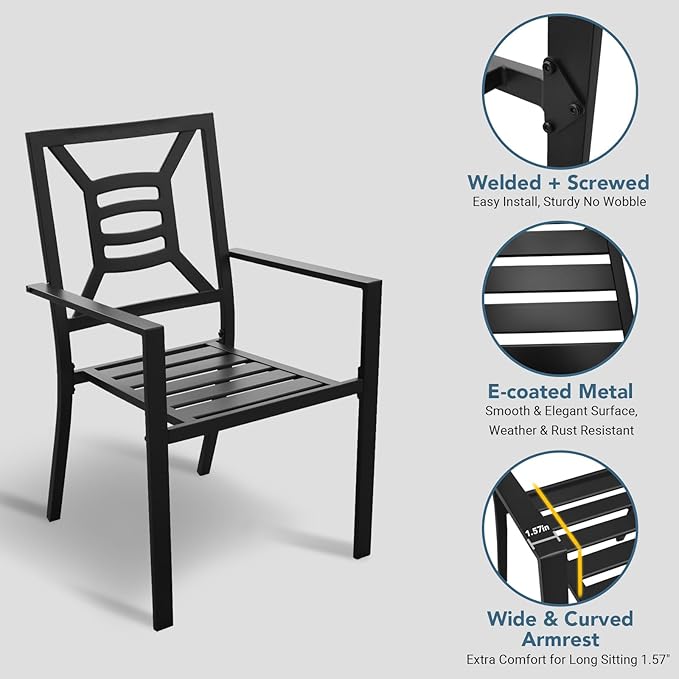 Patio Dining Chairs Set of 2, Stackable Metal Patio Chairs with High Back for Deck Bistro Porch Lawn, Black Wrought Iron Outdoor Dining Chairs