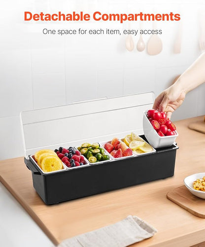 VEVOR Chilled Condiment Server, 6 Compartment Ice Cooled Condiment Serving Container, Chilled Garnish Tray Bar Caddy with Lid, for Bartending & Serving Taco, Salad, Fruit, Home & Restaurant Supplies | for BBQs, Picnics, Camping and Family Gatherings, c...