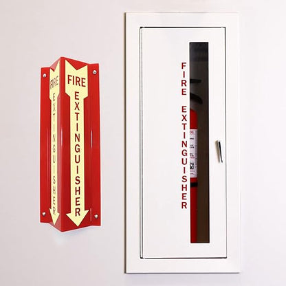 SmartSign "Fire Extinguisher" Two-Sided V-Shaped Projecting Sign with Down Arrow, 18 x 4 inch, 120 mil Thick Glow-In-The-Dark Polished Acrylic, Photoluminescent