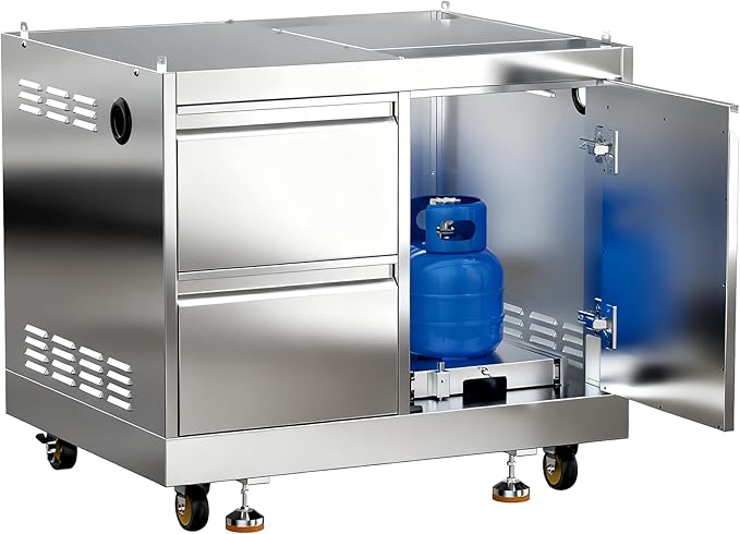 BODEGA Stainless Steel Outdoor Kitchen Drawer Cabinet for Built-in BBQ Grill with 2 Drawers and Propane Tank Storage,Outdoor kitchen storage perfect for Outdoor Kitchen BBQ Island.For all weather use.