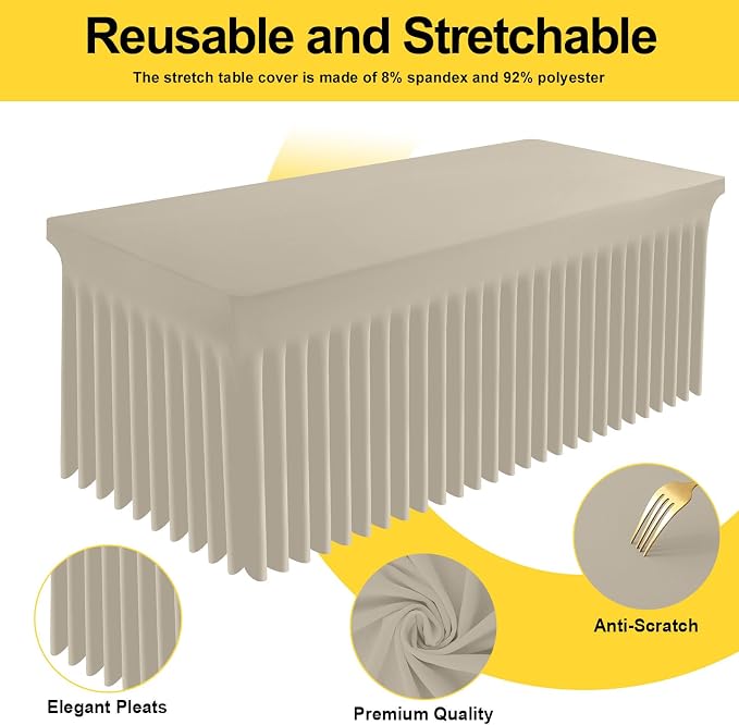 Smiry 2 Pack Spandex Elastic Fitted Table Cloth Skirt for 6FT Table | Stretch Washable Table Cloth, Banquet Table Cover for Wedding, Party, Indoor & Trade Shows, (Taupe, 72Lx30Wx30H)