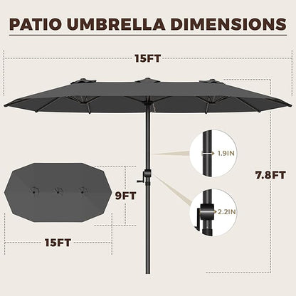 GDPFN 15FT Large Patio Umbrella, Outdoor Deck Standing Umbrella with Crank Handle, Double-Side Rectangular Pool Umbrella for Outside, Market, Patio, Dark Gray (Base Not Include)