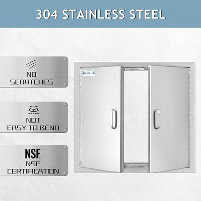 Hally Outdoor Kitchen Doors 26" W x 24" H of 304 Stainless Steel BBQ Double Access Door with 2 Detachable Handles and 4 Hooks, for BBQ Island, Grilling Station, Outdoor Cabinet