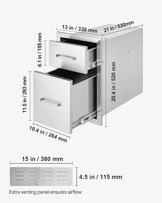 VEVOR Outdoor Kitchen Drawers 13" W x 20.5" H x 21" D, Flush Mount Double BBQ Access Drawers with Stainless Steel Handle, BBQ Island for Outdoor Kitchens or Patio Grill Station