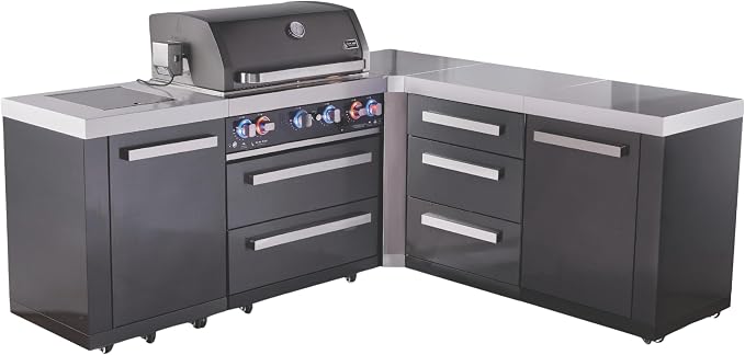 Mont Alpi 82"W x 75"D x 46"H Black Stainless Steel L-shaped Outdoor Kitchen Island with Side Burner + 44"W 6-Burner BBQ Grill + Granite Countertops + Storage Drawers & Cabinets + Rotisserie + Cover