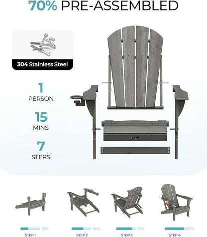 Ciokea Folding Adirondack Chair Wood Texture 4 Pack, Patio Adirondack Chair Weather Resistant, Plastic Fire Pit Chair with Cup Holder, Lawn Chair for Outdoor Porch Garden Backyard Deck (Grey)