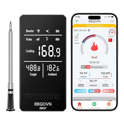 Smart WiFi Wireless Meat Thermometer, Sub-1G Long Range 1000FT, 7 NIST Certified Sensors in 1 Thinner Probe ±0.5℉ Accuracy, Standalone Base with App