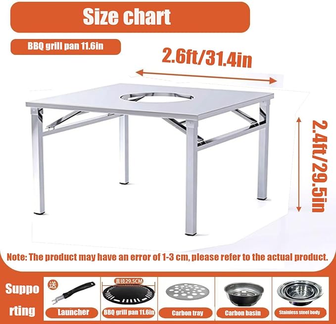 Embedded Stainless Steel Korean Charcoal BBQ Grill Foldable Outdoor Table, Outdoor Barbecue and hot Pot Easy Clean Multifunctional Design Patio Family Party & Restaurant,Square 2.6ft