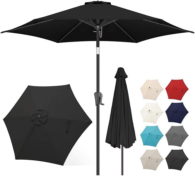 FLAME&SHADE 9ft Patio Umbrella Outdoor - Table Umbrella with Push Button Tilt and Crank, UV Protection, 6 Sturdy Ribs, Market Umbrella for Garden, Deck, Backyard, Lawn, Pool and Beach(Black)