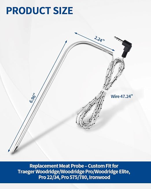 7.1" Meat Probe Replacement for Traeger Woodridge Series, 3.5mm Plug & Play | Wired Meat Probe Accessories for Traeger Grills – Compatible with Ironwood 650, 885 and Pro 22, 34, 575, 780