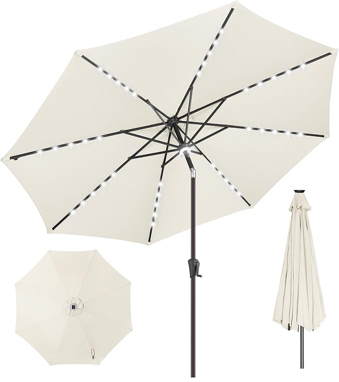 Solar Patio Umbrella with Centre Light, 9 ft Ivory | 40 LED Lights, UV Protection, Solar Outdoor Umbrella for Porch, Deck, Pool, Table, Garden, Provides Evening Lighting