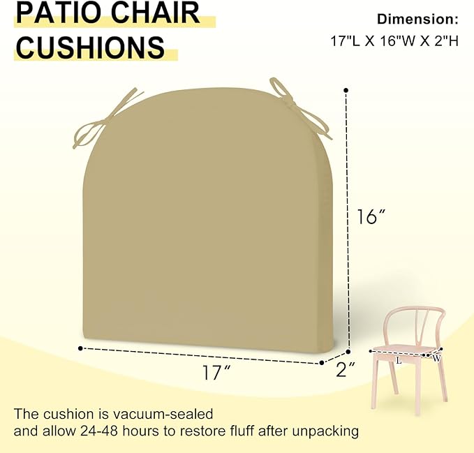 downluxe Outdoor Chair Cushions Set of 6 for Patio Furniture, Water-Resistant Patio Chair Cushions with Ties, High Density Foam Outdoor Seat Cushion, 17" X 16" X 2", Khaki