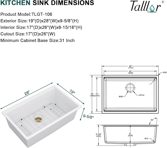 28 Inch Granite Composite Kitchen Sink - White Undermount Workstation All-In One Quartz Classic Single Bowl Sink Basin with Accessories, 28x19#TLGU-106