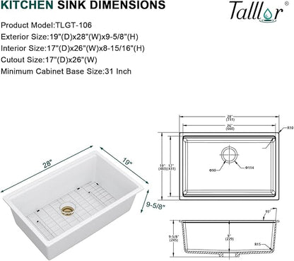 28 Inch Granite Composite Kitchen Sink - White Undermount Workstation All-In One Quartz Classic Single Bowl Sink Basin with Accessories, 28x19#TLGU-106
