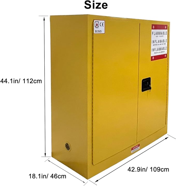 Flammable Liquid Hazardous Storage Cabinet 43"x18"x43" Fire Proof Safe | 30 Gal Lockers, Dual Vents, 2 Manual Closing Doors, Adjustable Shelf, OSHA Compliant, For Gasoline Liquid Fuel Chemical