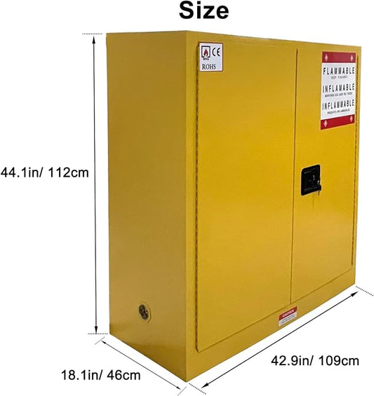 Flammable Liquid Hazardous Storage Cabinet 43"x18"x43" Fire Proof Safe | 30 Gal Lockers, Dual Vents, 2 Manual Closing Doors, Adjustable Shelf, OSHA Compliant, For Gasoline Liquid Fuel Chemical
