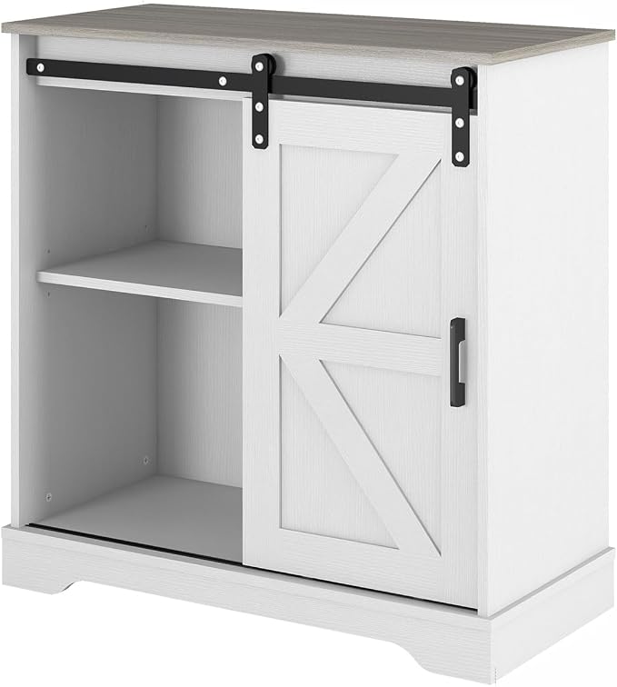 Panana Sliding Barn Door Buffet Sideboard Storage Cabinet Coffee Bar Kitchen Farmhouse Style (White Cabinet Nature Top)