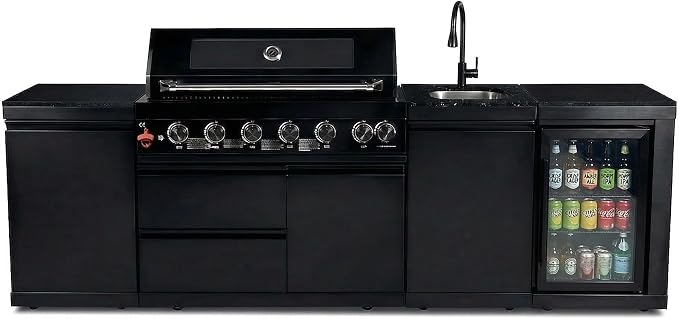 102" Outdoor Kitchen Island,Outdoor Grill,6-Burner 85000 BTU Propane Stainless Steel BBQ with Side/Rear Burners, With Refrigerator and Sink, Rotisserie, Granite Countertops, Storage