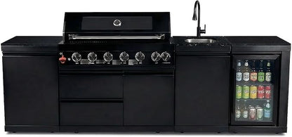 102" Outdoor Kitchen Island,Outdoor Grill,6-Burner 85000 BTU Propane Stainless Steel BBQ with Side/Rear Burners, With Refrigerator and Sink, Rotisserie, Granite Countertops, Storage