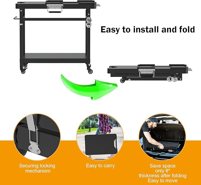 SafBbcue Grill Table for Ninja, Grill Stand for Ninja Woodfire OG700 OG800 OG900 Series & OO101, Portable Outdoor Grill Stand, Foldable Cart Table with Wheels for Ninja, Double-shelf, Hooks