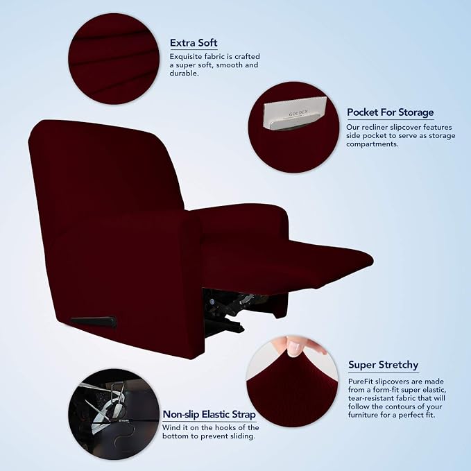 PureFit Stretc Recliner Chair Covers Fleece Soft Couch Covers for Sofa | Wine 4-Pieces Recliner Slipcover Pocket Couch Protector, Fleece Sofa Cover Washable with Non Slip Elastic Bottom