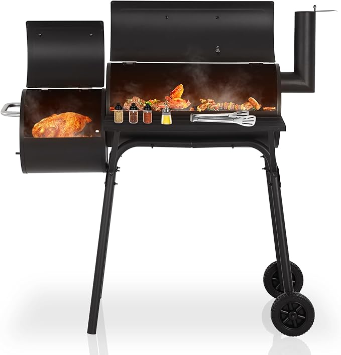43"Charcoal Grills with 2 Wheels Portable Charcoal Grill Side Fire Box, Outdoor BBQ Grill for 6-10 People Patio Backyard Camping Picnics, Black