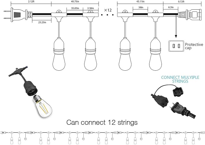 Banord Outdoor String Lights, 48FT Waterproof Patio Lights with 2W Dimmable LED Bulbs, for Outdoor Backyard, Garden, Deck, Porch, Gazebo, Balcony, Camping, Party