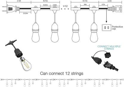 Banord Outdoor String Lights, 48FT Waterproof Patio Lights with 2W Dimmable LED Bulbs, for Outdoor Backyard, Garden, Deck, Porch, Gazebo, Balcony, Camping, Party
