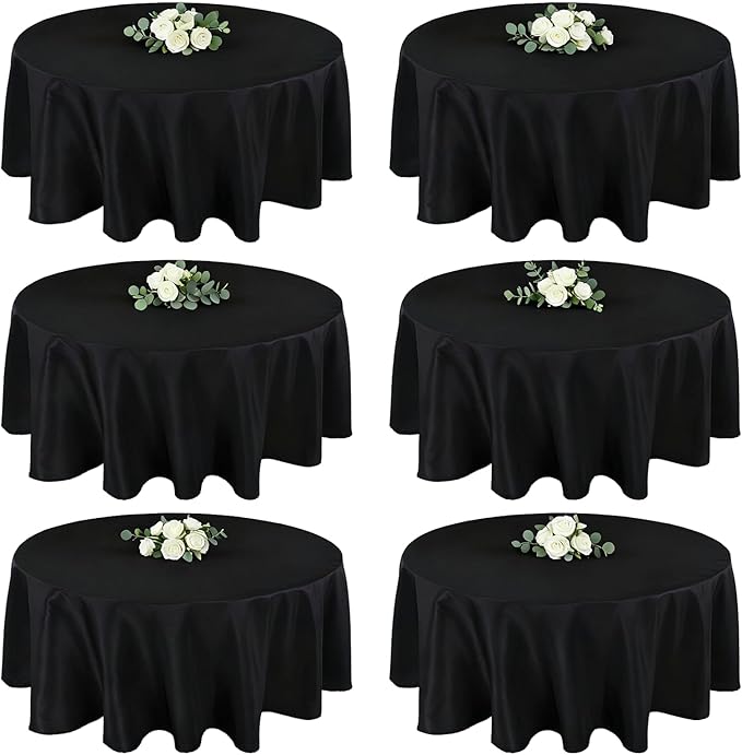 MRJ 6 Pack 90 Inch Black Round Tablecloth Washable Polyester Fabric for Wedding Banquet Holiday Party Table Cover