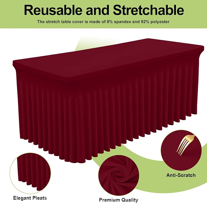 Smiry 2 Pack Spandex Elastic Fitted Table Cloth Skirt for 8FT Table | Stretch Washable Table Cloth, Banquet Table Cover for Wedding, Party, Indoor & Trade Shows, (Burgundy, 96Lx30Wx30H)