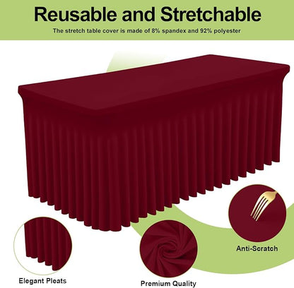Smiry 2 Pack Spandex Elastic Fitted Table Cloth Skirt for 8FT Table | Stretch Washable Table Cloth, Banquet Table Cover for Wedding, Party, Indoor & Trade Shows, (Burgundy, 96Lx30Wx30H)