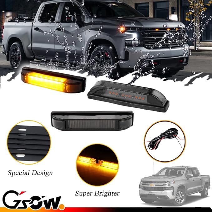 [Upgraded Version] 3 PCS Super Bright Amber LED Center Grille Light Kit for 2019-2025 Chevrolet Silverado 1500 2500HD 3500HD, Position Smoked Lens with Sturdy Mount Bracket - Amber Light