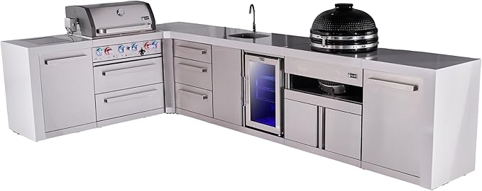 Mont Alpi Premium 4-Burner 82"x146" L-Shaped Deluxe Stainless Steel Modular Outdoor Kitchen Island BBQ Gas Grill + Beverage Center Faucet & Sink + Refrigerator + Kamado + Storage Drawers and Cabinets