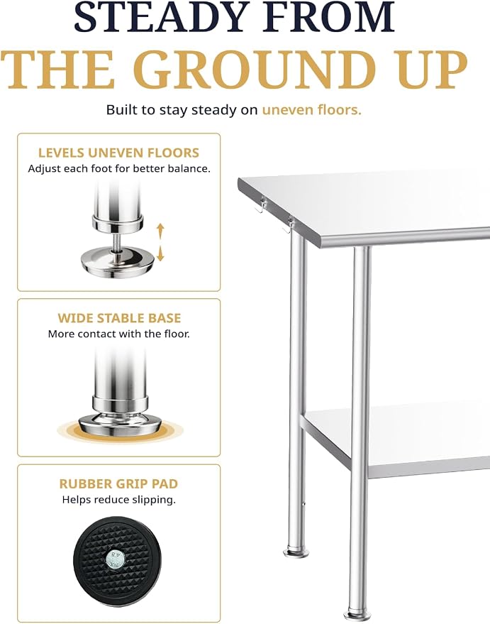 Atelicf NSF Stainless Steel Prep Table 24X60 inch, Rounded Flat Top | Commercial-grade table for restaurants, kitchens, food trucks, breweries, bars, garages, and outdoor BBQ
