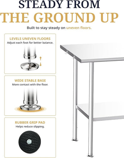Atelicf NSF Stainless Steel Prep Table 24X60 inch, Rounded Flat Top | Commercial-grade table for restaurants, kitchens, food trucks, breweries, bars, garages, and outdoor BBQ