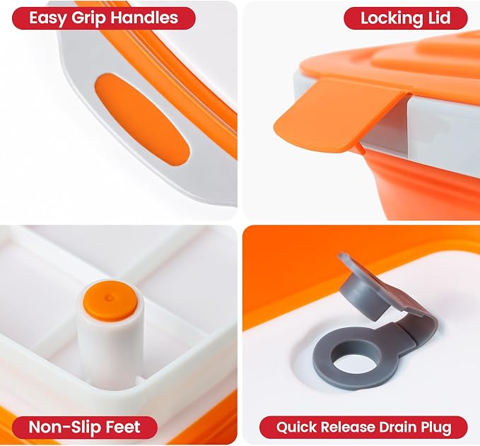 BBQ Prep Tub,8L Collapsible Cutting Board with Locking Lid for RV, Orange | Outdoor Food Prep Bin, Stable Carry Handles, Quick-Rinse Surface, For Campsites, Cookouts, Road Trips, Family BBQ Nights