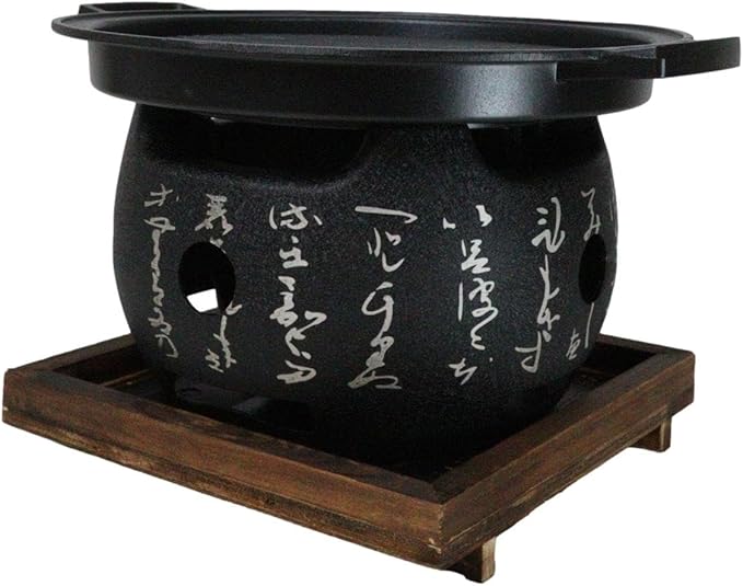 Ebros Gift Japanese Cuisine Tabletop Shichirin Konro Compact Movable Charcoal Grill BBQ Aluminum Cooking Stove With Comal Flat Griddle And Wooden Trivet Base For Yakitori Hibachi Yakiniku