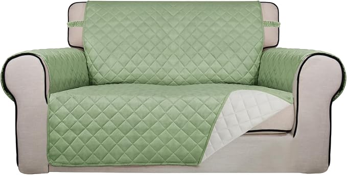 PureFit Reversible Quilted Couch Covers for Dogs Loveseat Sofa Cover 46.5” | Sage Green/Ivory, Water Resistant Couch Protector, Washable Pet Couch Cover with Non Slip and Elastic Straps For Kids