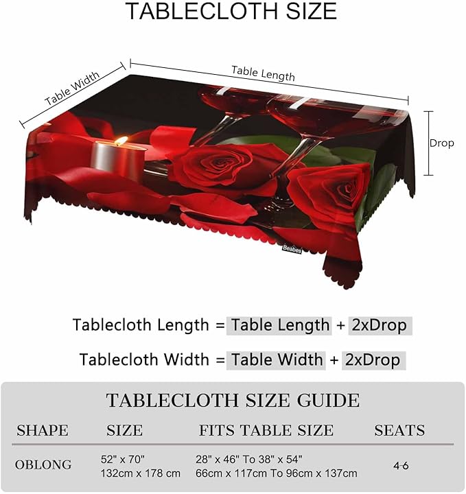 Wine Table Cloth Rectangle Table 52"X70", Romantic Red Wine Glasses Rose Wipeable Table Cover for Dinner Kitchen, Indoor Outdoor Tablecloth for Party Banquets Weddings