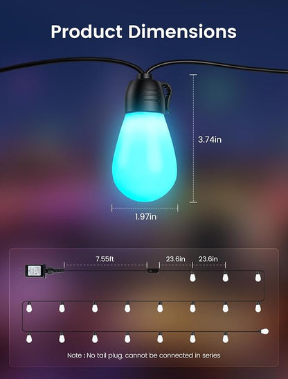 woohaha Smart Outdoor String Lights 45FT(37+8 Color Changing Patio Lights | 19 RGB+IC Shatterproof LED Bulbs,Multicolor&Warm White,Dimmable,Waterproof,APP&2.4G Remote,Custom Colors for Outside Decor