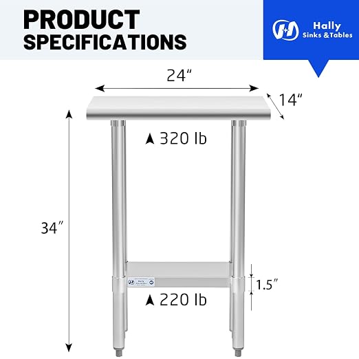 Hally Stainless Steel Table 14 x 24 Inches, NSF Commercial Work Table | Space-saving, easy-clean surface for kitchens and food trucks; adjustable undershelf, leveling feet, utility counter.