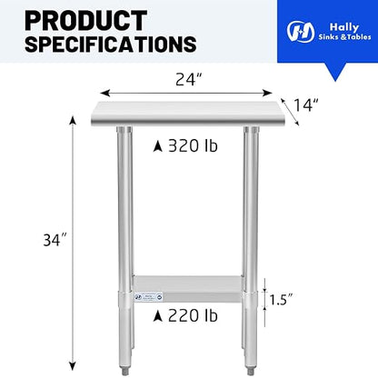 Hally Stainless Steel Table 14 x 24 Inches, NSF Commercial Work Table | Space-saving, easy-clean surface for kitchens and food trucks; adjustable undershelf, leveling feet, utility counter.
