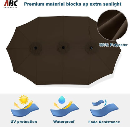 ABCCANOPY 15FT Double-Sided Rectangle Patio Umbrella with Base, Brown | Rectangular Outdoor Table Umbrella with Crank, Heavy Duty Market Umbrella Shade for Garden,Poolside, Lawn, Backyard