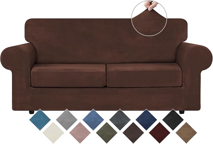WEERRW Velvet Stretch 3 Pieces Couch Cover for Sofa Washable, Chocolate | Love Seat Couch Covers for 2 Cushion Couch Sofa Furniture Protector slipcoves with Elastic Bottom for Kids, Medium