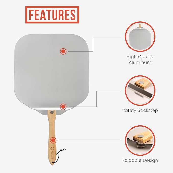 Chef Pomodoro Aluminum Metal Pizza Peel 18 Inch, Foldable Wood Handle | Pizza Paddle & Spatula for Bread, Pastries, Oven or Grill; Foldable for Easy Storage; 18x20 in Aluminum Board